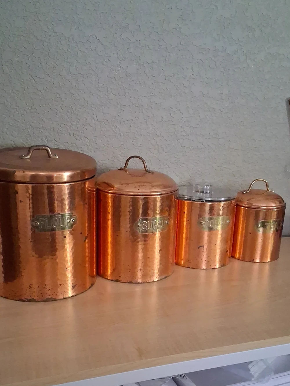 Vintage Copper Kitchen Canister Set - Coffee, Sugar, Flour, Tea For Decor Use.